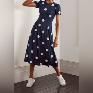 Boden 12 Midi Polka Dot Jersey Dress Midi Pockets Flowy Stretchy Comfy Preppy